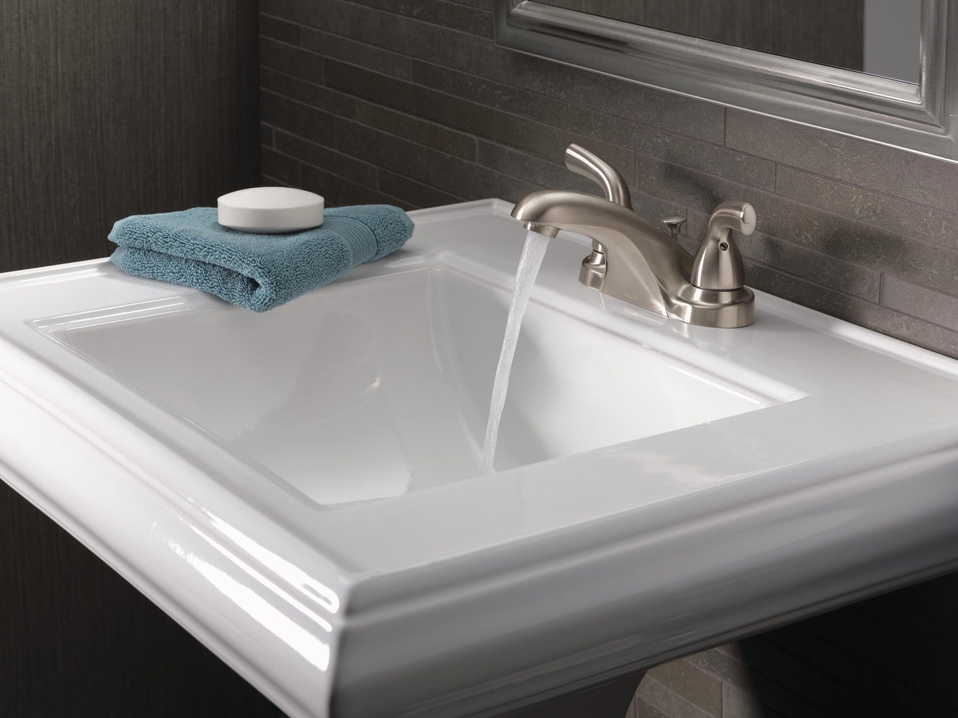 Delta Foundations Two Handle Centerset Bathroom Faucet in Stainless Steel, B2510LF-SS, MRSP: $97.53, FINAL PRICE: $39.99 + TAX