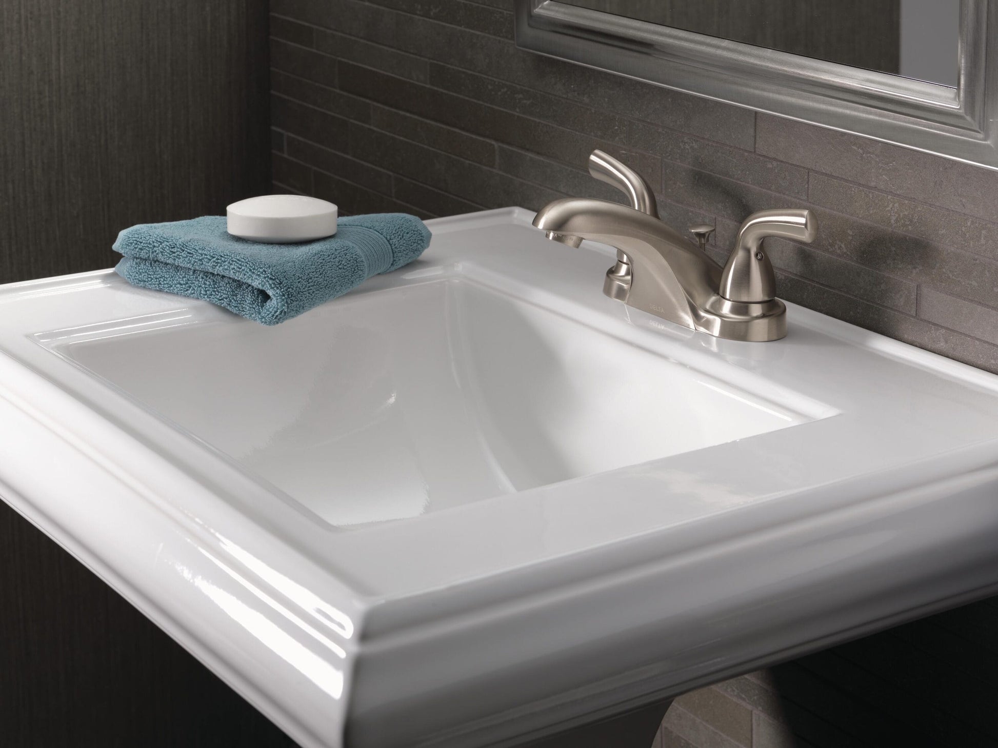 Delta Foundations Two Handle Centerset Bathroom Faucet in Stainless Steel, B2510LF-SS, MRSP: $97.53, FINAL PRICE: $39.99 + TAX
