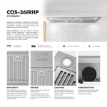 Cosmo 36 inch Ducted 380-CFM Stainless Steel Insert Under Cabinet Range Hood
