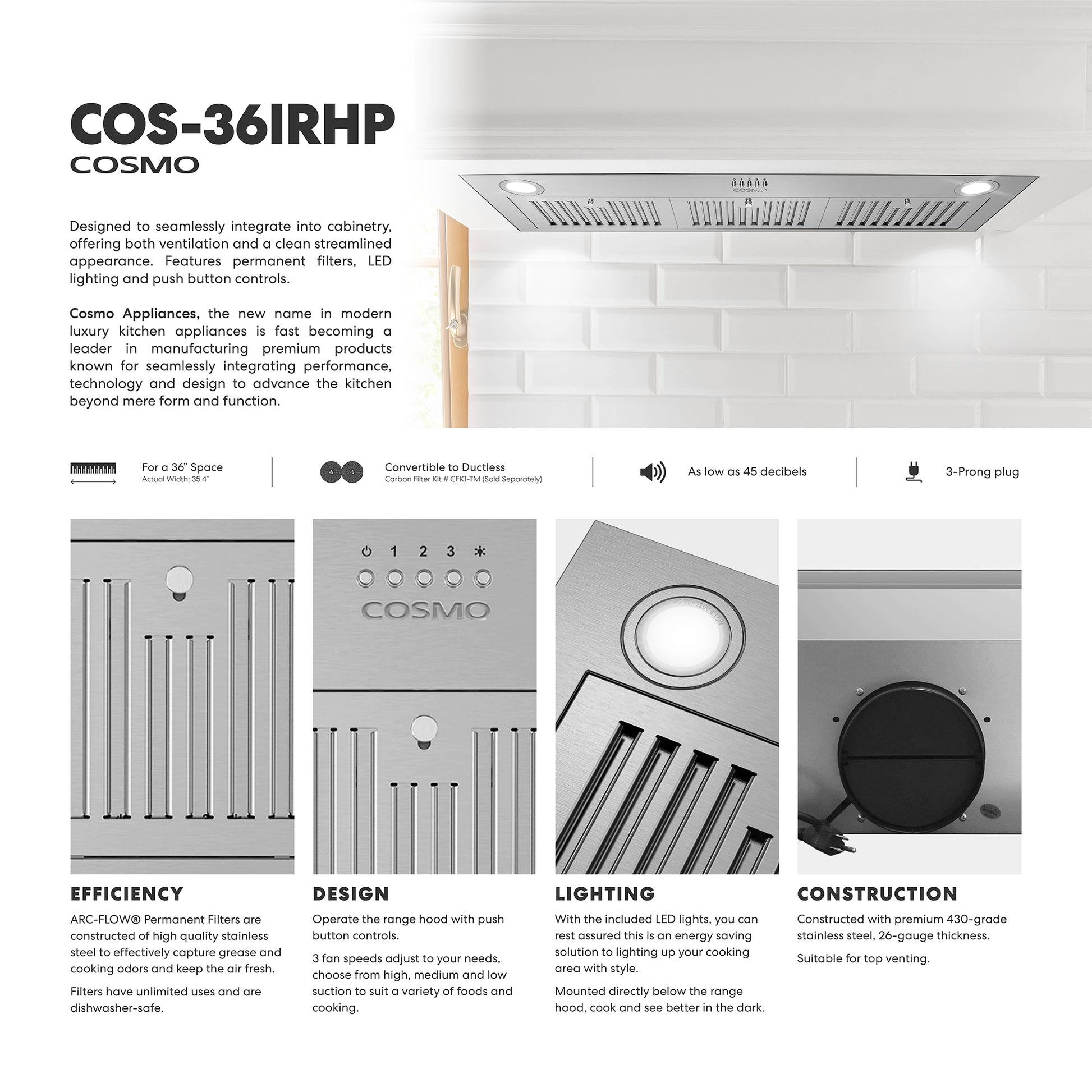 Cosmo 36 inch Ducted 380-CFM Stainless Steel Insert Under Cabinet Range Hood