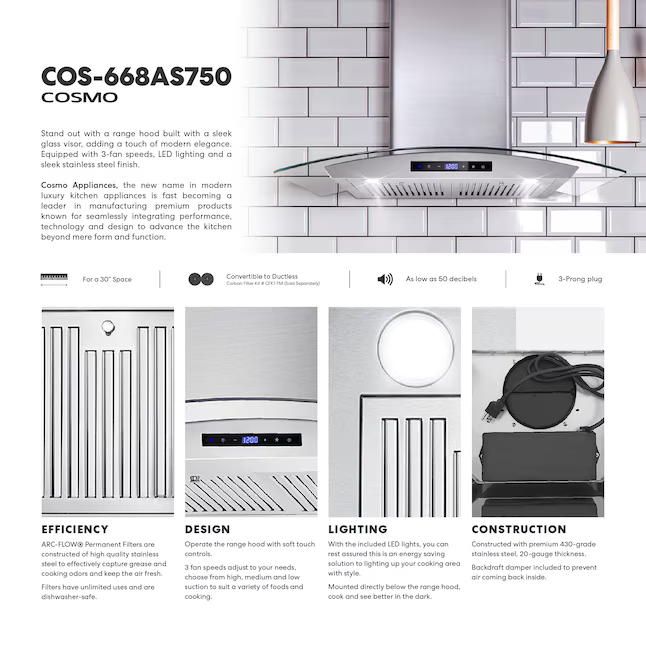 Cosmo 30-in Ducted 380-CFM Stainless Steel Wall-Mounted Range Hood, COS-668AS750  COS-668WRCS75 *JR2509, Retail: $279.99, FINAL PRICE: $149.99 + TAX