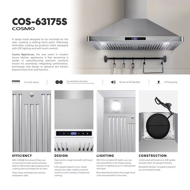 Cosmo 30-in Ducted 380-CFM Stainless Steel Wall-Mounted Range Hood, COS-63175S *JR2509, Retail: $279.99, FINAL PRICE: $149.99 + TAX