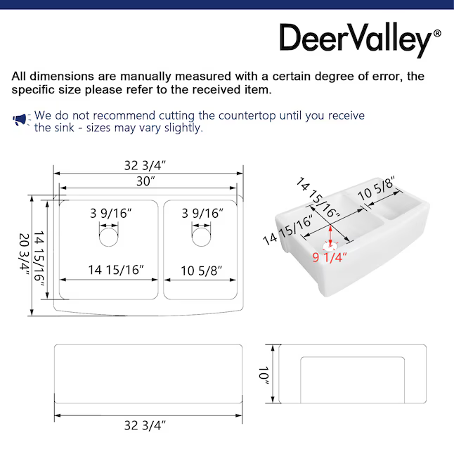 DeerValley Eclipse Undermount 33-in x 21-in Porcelain Double Offset Bowl Kitchen Sink, DV-1K705 *HD2509, Retail: $398.82 , FINAL PRICE: $199.99 + TAX