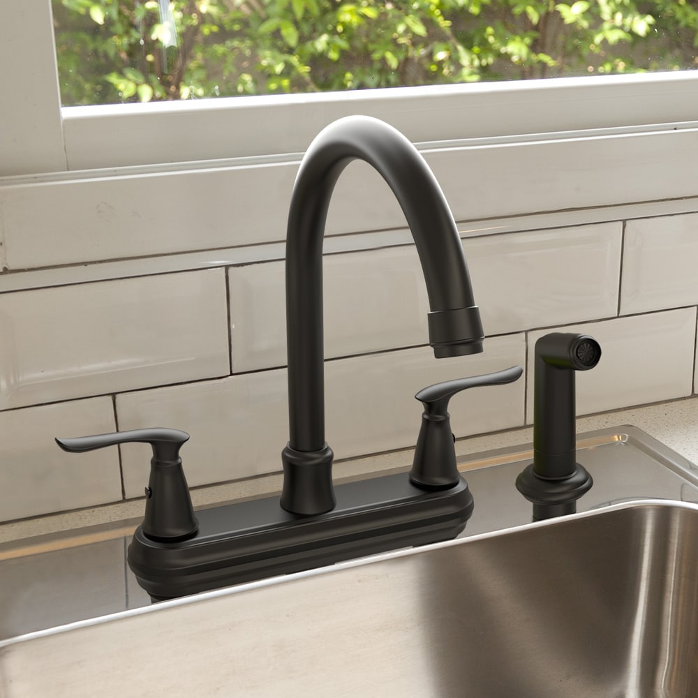 Project Source Laural Matte Black Double Handle Deck-mount Kitchen Faucet (Includes Side Sprayer), RETAIL: $99.00, FINAL PRICE: $54.99 + TAX