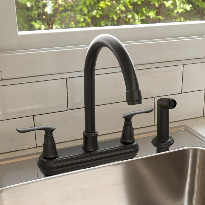 Project Source Laural Matte Black Double Handle Deck-mount Kitchen Faucet (Includes Side Sprayer), RETAIL: $99.00, FINAL PRICE: $54.99 + TAX