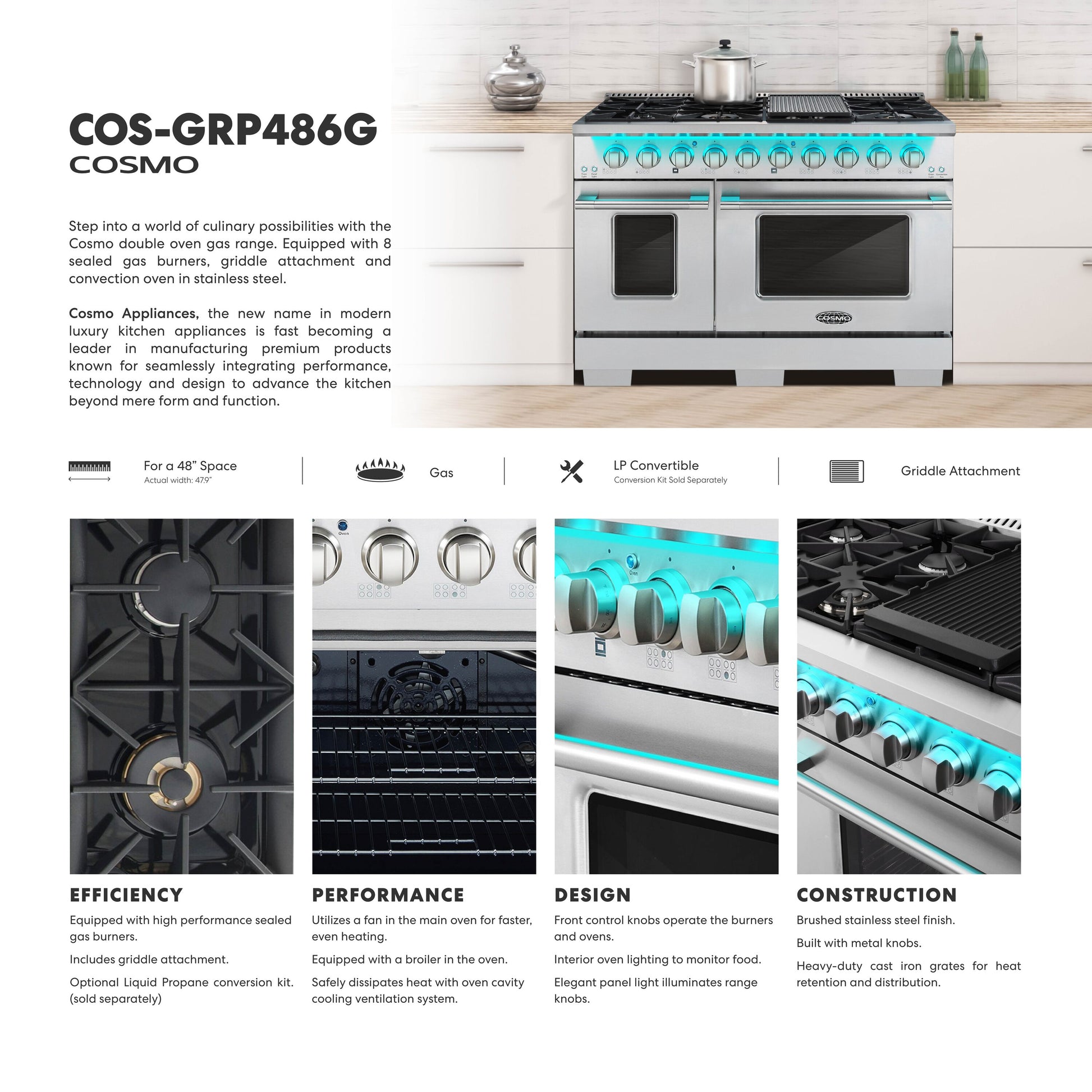 Cosmo Convection Oven Freestanding Double Oven Gas Range ( Stainless Steel )