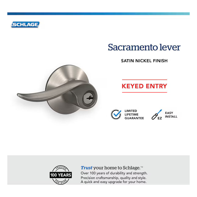 Schlage Sacramento Satin Nickel Exterior Keyed Entry Door Handle, F51VSAC619, FINAL PRICE: $29.99 + tax