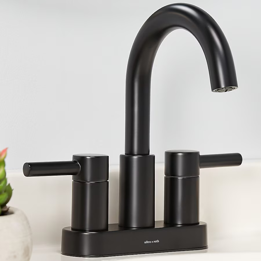 Alpine Reserve Harlow Matte Black 4-in Centerset 2-Handle WaterSense High-Arc Residential Handle Bathroom Sink Faucet with Drain with Deck Plate, 67692W-617001  #1102763 *JR2509, Retail: $69.00, FINAL PRICE: $34.99 + TAX