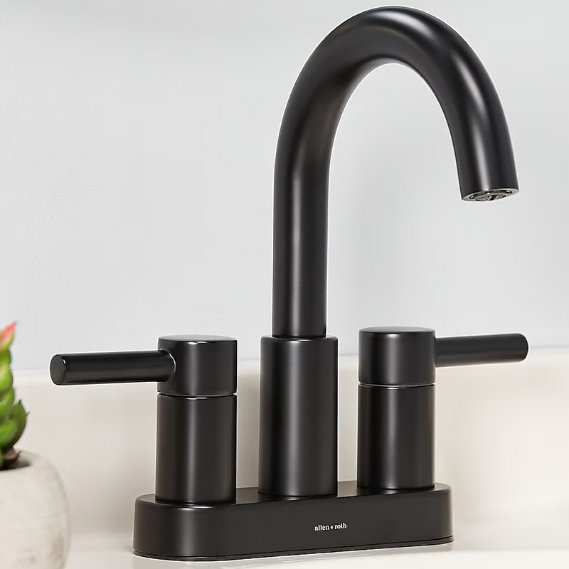 Alpine Reserve Harlow Matte Black 4-in Centerset 2-Handle WaterSense High-Arc Residential Handle Bathroom Sink Faucet with Drain with Deck Plate, 67692W-617001  #1102763 *JR2509, Retail: $69.00, FINAL PRICE: $34.99 + TAX