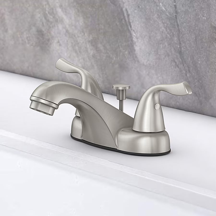 Project Source Webber Nickel 4-in centerset 2-handle WaterSense Low-arc Commercial/Residential Handle Bathroom Sink Faucet with Drain with Deck Plate, 4012460B-L, MSRP: $32.98, FINAL PRICE: $19.99 + TAX