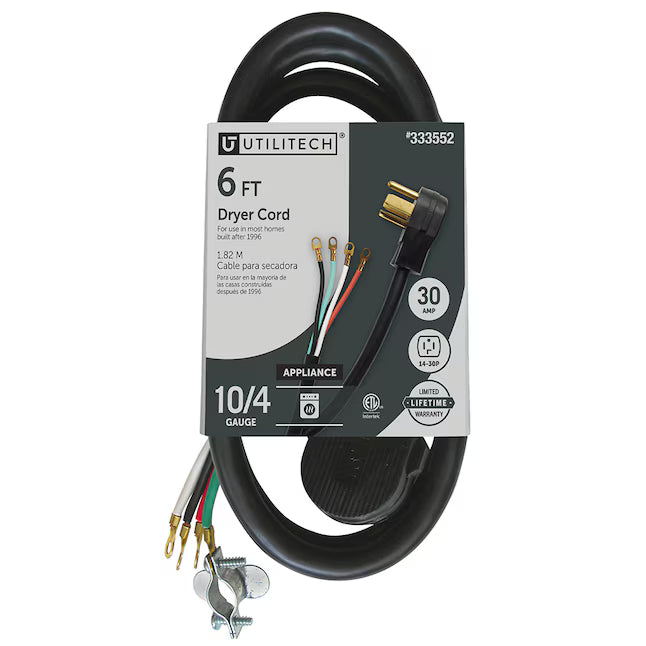 Utilitech 6ft 4-Prong Dryer Cord in Black, UTD100406, Retail: $39.98, FINAL PRICE: $24.99 + TAX