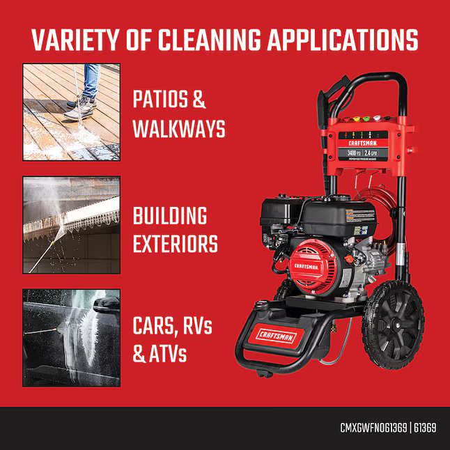 CRAFTSMAN Craftsman (49-State) 3400-PSI 2.4-GPM Cold Water Gas Pressure Washer with 5 Spray Tips, CMXGWFN061369 *JR2510, Retail: $459.00, FINAL PRICE: $299.99 + TAX
