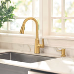 Moen Edwyn Brushed Gold Single Handle Deck-mount Pull-down Kitchen Faucet with Sprayer (Includes Deck Plate) (Includes Soap Dispenser)