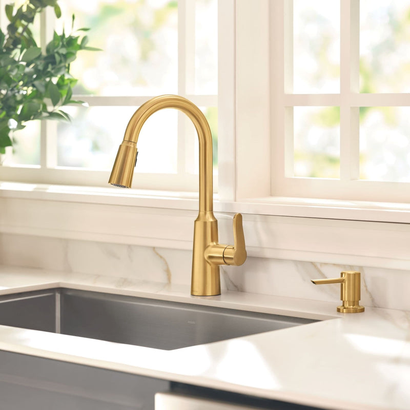 Moen Edwyn Brushed Gold Single Handle Deck-mount Pull-down Kitchen Faucet with Sprayer (Includes Deck Plate) (Includes Soap Dispenser)