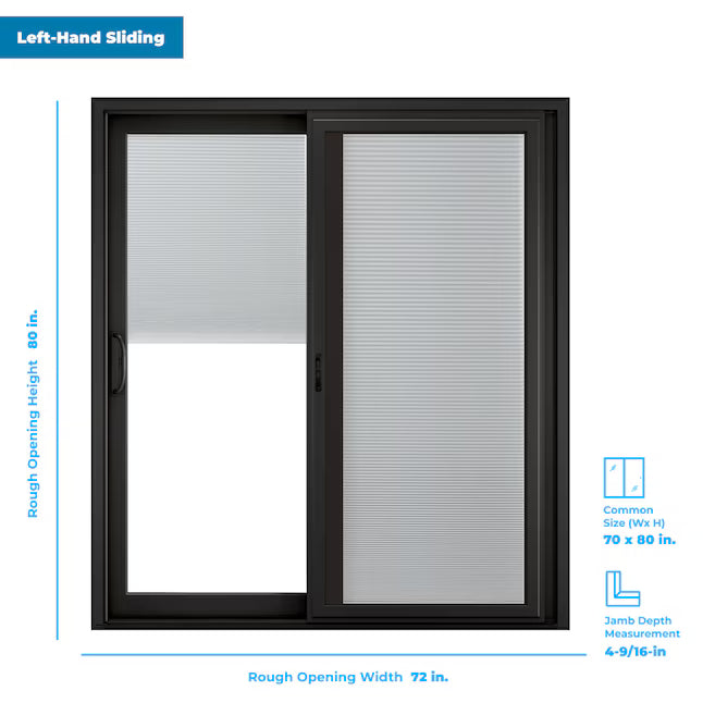 RELIABILT 70-in x 80-in x 4-9/16-in Jamb Black Vinyl Left-hand Sliding Patio Door with Low-E argon Glass with Blinds Item, 719801246431312DR, FINAL PRICE: $899.99