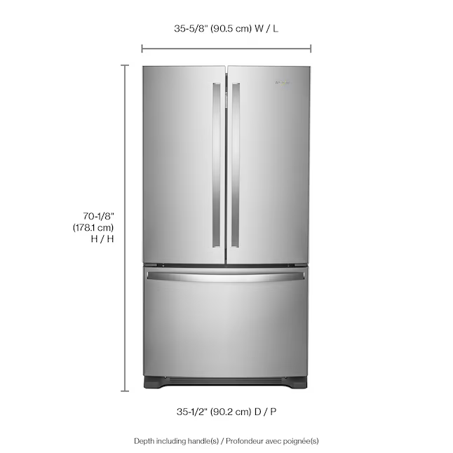 Whirlpool Standard-Depth 25.2-cu ft 3-Door French Door Refrigerator with Ice Maker (Stainless Steel), WRFF3036RZ/00 *JR2509, Retail: $2,299.00, FINAL PRICE: $1,049.99 + TAX