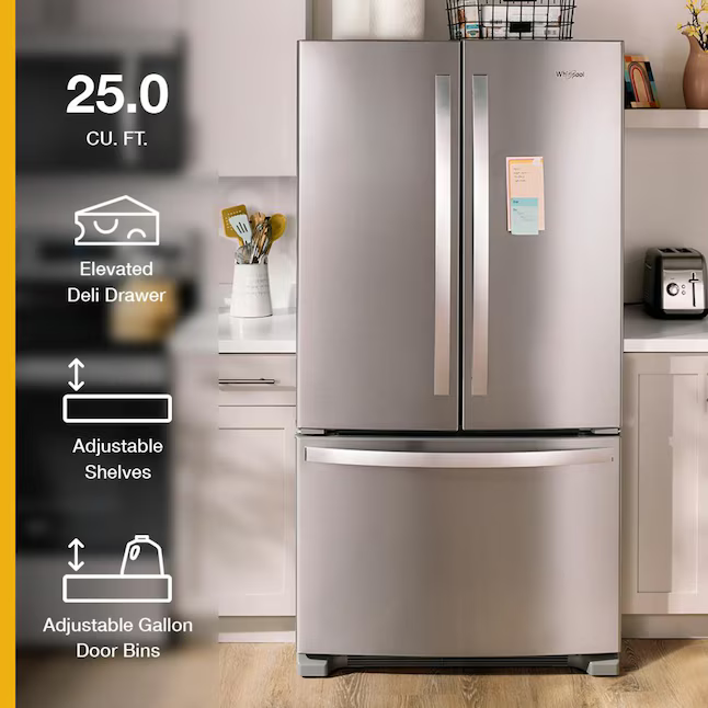 Whirlpool Standard-Depth 25.2-cu ft 3-Door French Door Refrigerator with Ice Maker (Stainless Steel), WRFF3036RZ/00 *JR2509, Retail: $2,299.00, FINAL PRICE: $1,049.99 + TAX