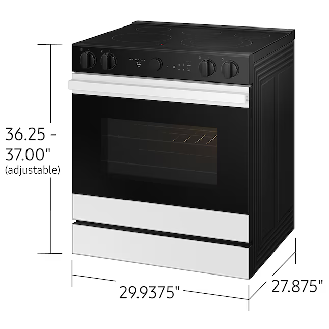 Samsung 30-in Glass Top 5 Burners 6.3-cu ft Air Fry Convection Oven Slide-In Electric Range (White Glass), NSE6DB850212 *BG, MSRP: $2,099.00, FINAL PRICE: $899.99 + TAX