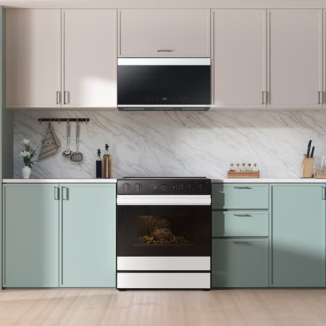 Samsung 30-in Glass Top 5 Burners 6.3-cu ft Air Fry Convection Oven Slide-In Electric Range (White Glass), NSE6DB850212 *BG, MSRP: $2,099.00, FINAL PRICE: $899.99 + TAX