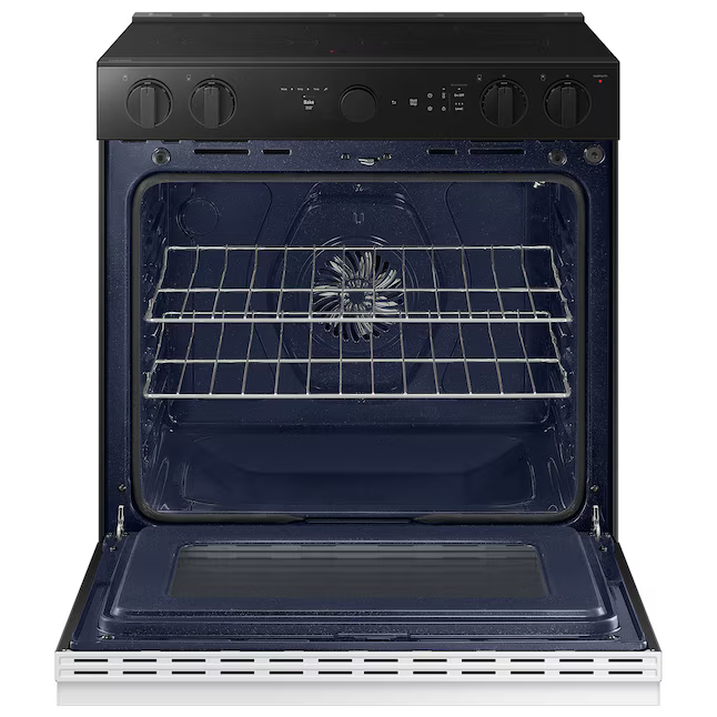 Samsung 30-in Glass Top 5 Burners 6.3-cu ft Air Fry Convection Oven Slide-In Electric Range (White Glass), NSE6DB850212 *BG, MSRP: $2,099.00, FINAL PRICE: $899.99 + TAX
