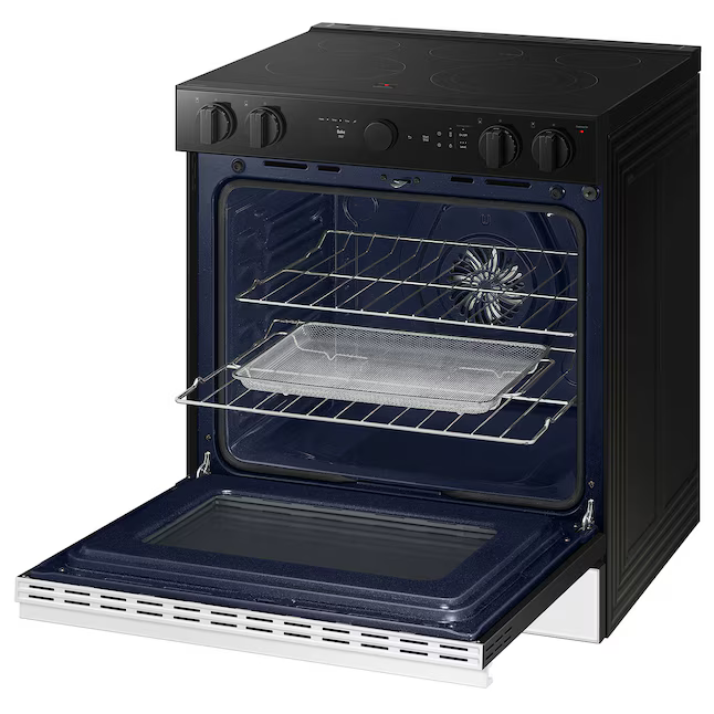 Samsung 30-in Glass Top 5 Burners 6.3-cu ft Air Fry Convection Oven Slide-In Electric Range (White Glass), NSE6DB850212 *BG, MSRP: $2,099.00, FINAL PRICE: $899.99 + TAX