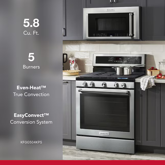 KitchenAid 30-in 5 burners 5.8-cu ft Convection Oven Freestanding Natural Gas Range (Stainless Steel with PRINTSHIELD Finish), KFGG504KPS *JR2510, Retail: $1,499.00, FINAL PRICE: $799.99 + TAX