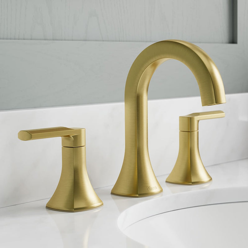 Pfister Vaneri Brushed Gold Widespread 2-handle WaterSense High-arc Bathroom Sink Faucet with Drain
