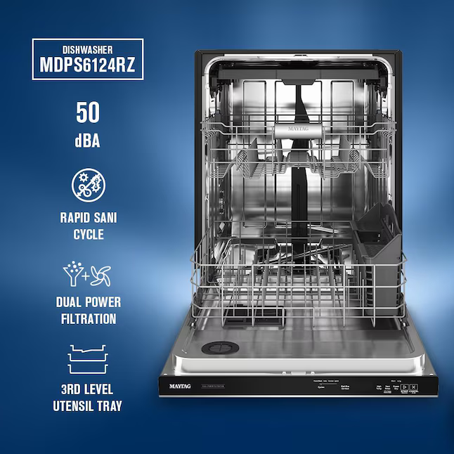 Maytag Eco Series 24-in Top Control Built-in Dishwasher With Third Rack (Fingerprint Resistant Stainless Steel) 50-dBA, MDPS6124RZ/0 *JR2508, Retail: $949.00, FINAL PRICE: $479.99 + TAX