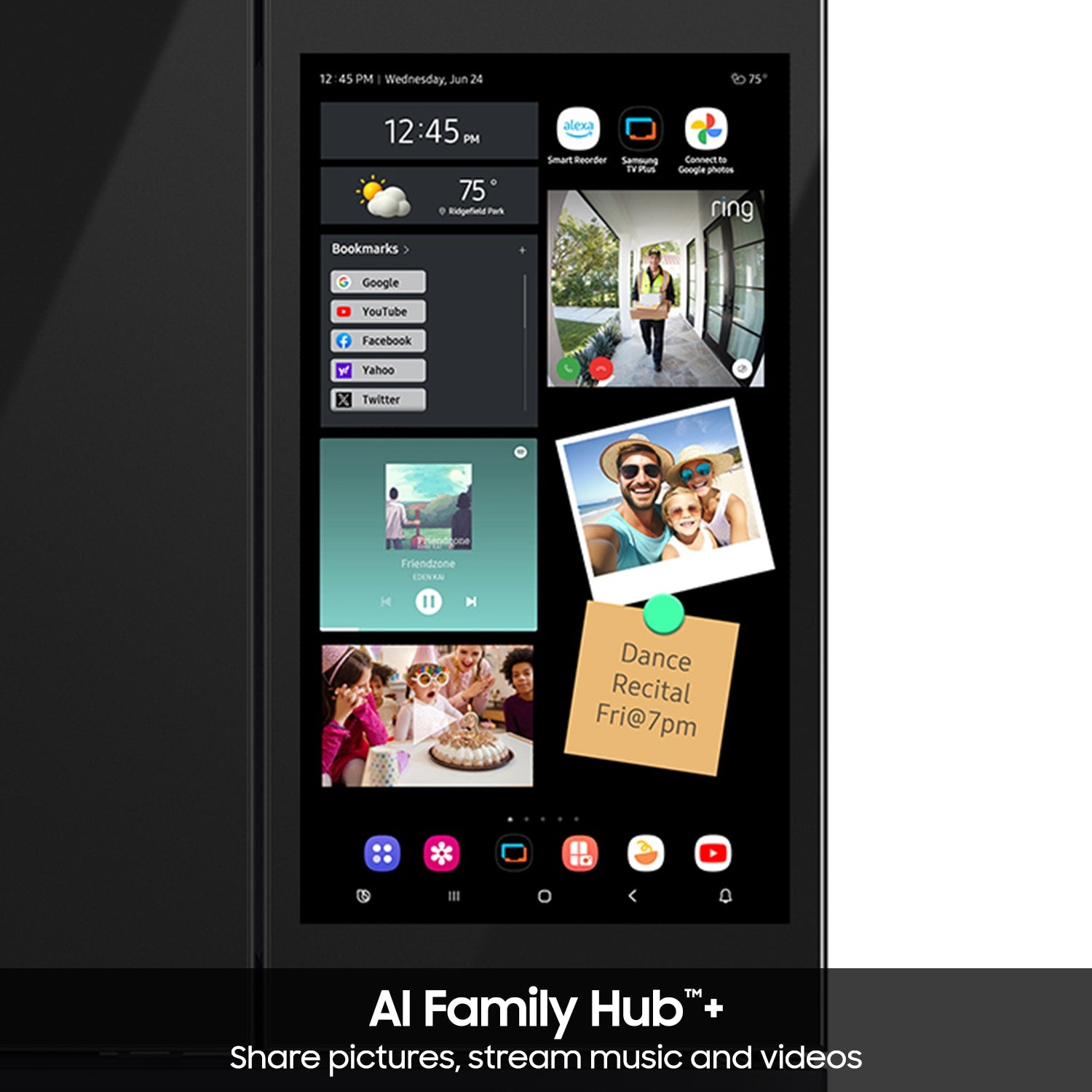 Samsung Bespoke AI Standard-Depth Family Hub 29-cu ft 36-in Wide with Dual Ice Maker and Door within Door (Charcoal Glass Top Stainless Steel Bottom Panels)