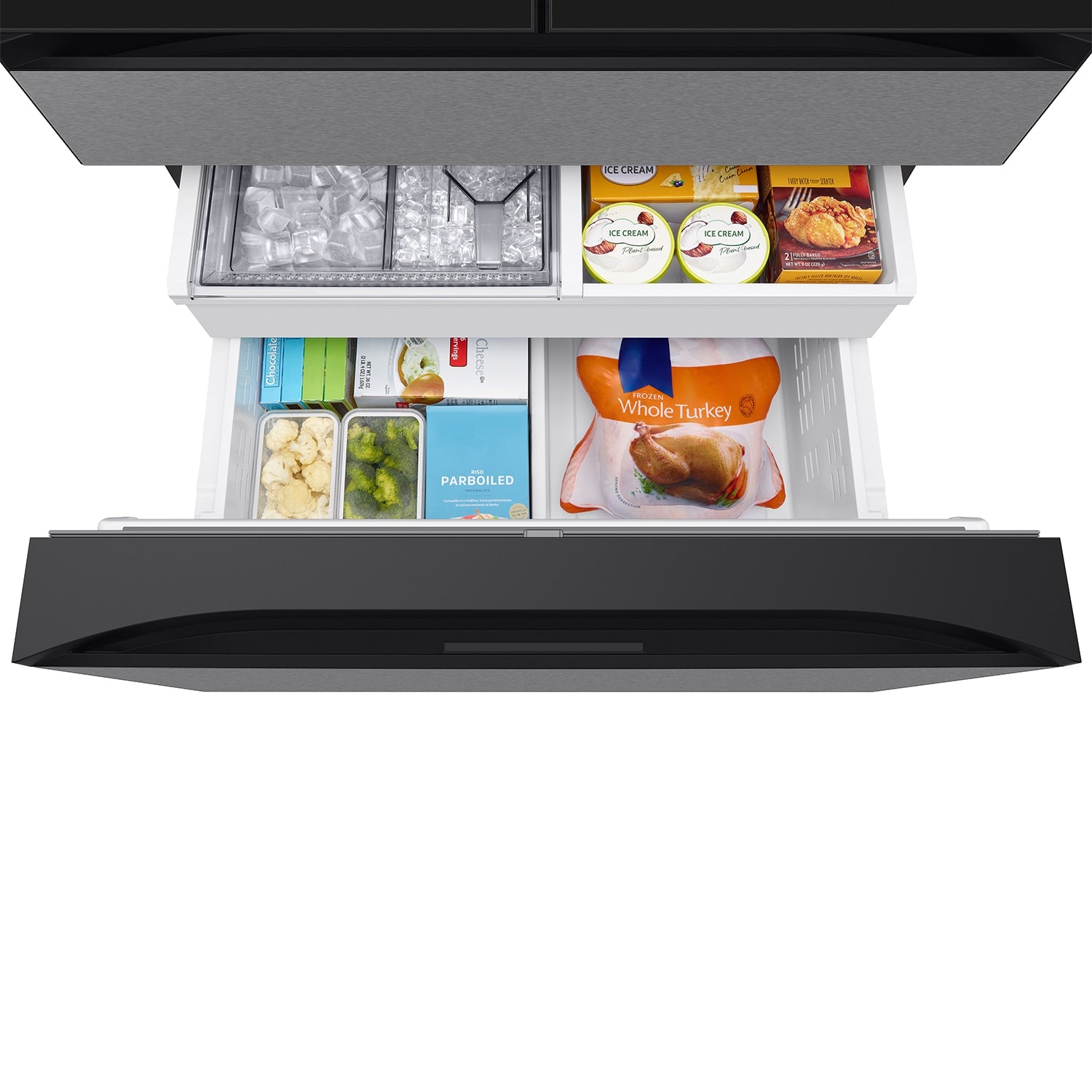 Samsung Bespoke AI Standard-Depth Family Hub 29-cu ft 36-in Wide with Dual Ice Maker and Door within Door (Charcoal Glass Top Stainless Steel Bottom Panels)