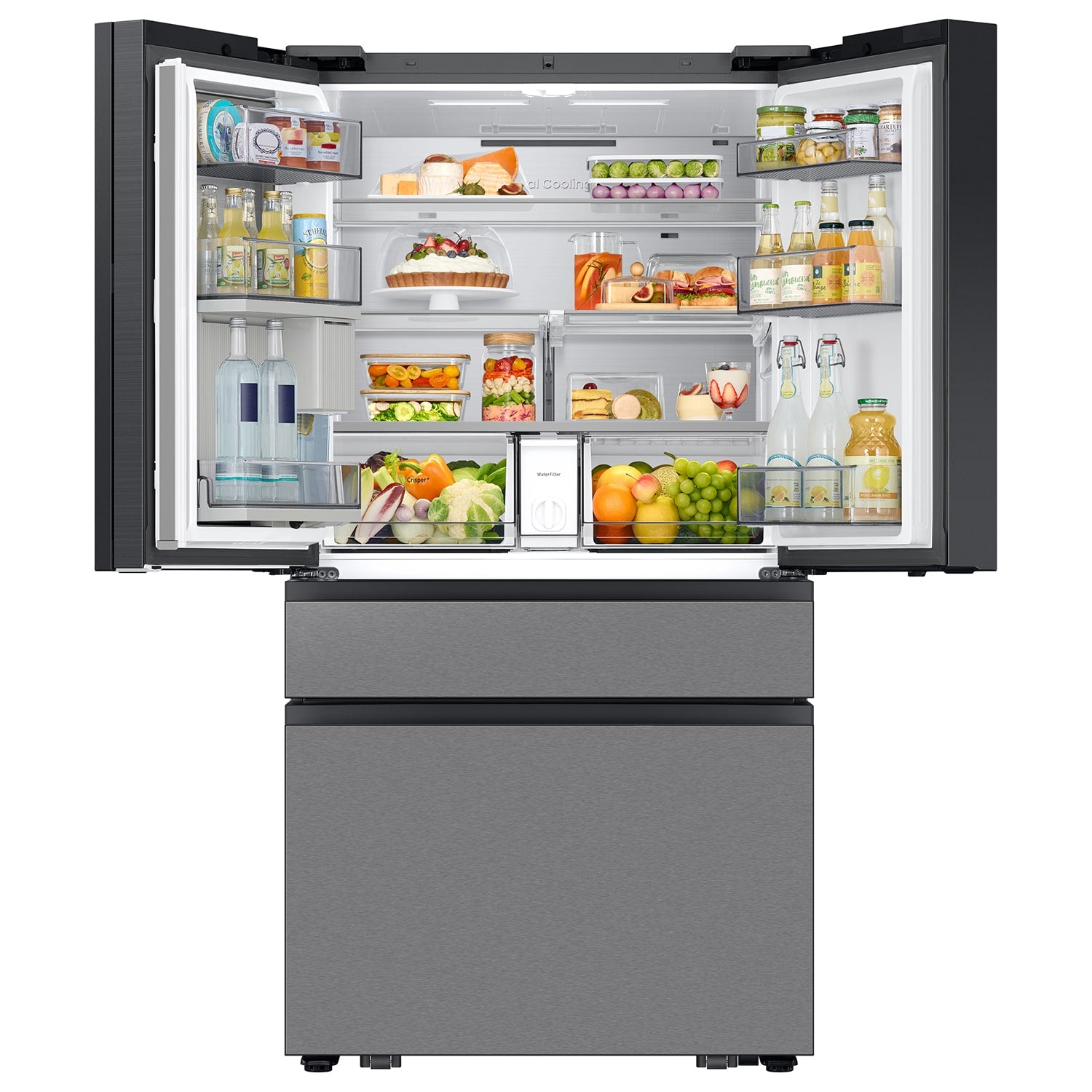 Samsung Bespoke AI Standard-Depth Family Hub 29-cu ft 36-in Wide with Dual Ice Maker and Door within Door (Charcoal Glass Top Stainless Steel Bottom Panels)