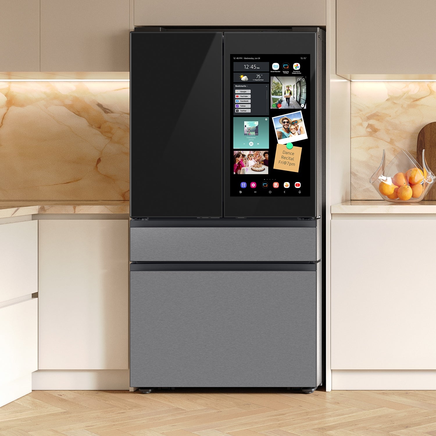 Samsung Bespoke AI Standard-Depth Family Hub 29-cu ft 36-in Wide with Dual Ice Maker and Door within Door (Charcoal Glass Top Stainless Steel Bottom Panels)