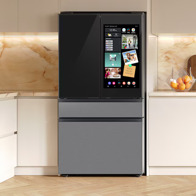 Samsung Bespoke Standard-Depth Family Hub 28.6-cu ft 4-Door French Door Refrigerator with Dual Ice Maker with Water Dispenser (Charcoal Glass Top with Matte Black Steel), RF90F29AECE *BG, MSRP: $4,699.00, FINAL PRICE: $2,299.99 + TAX