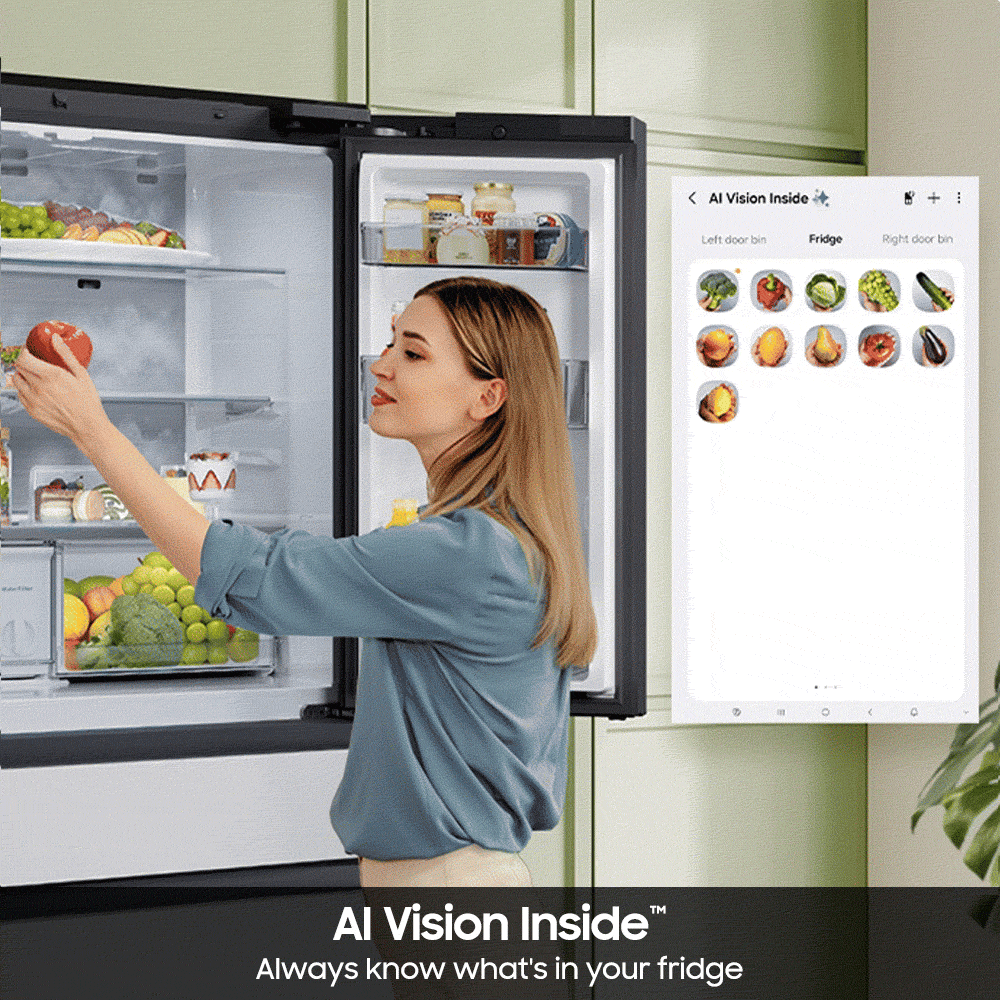 Samsung Bespoke AI Standard-Depth Family Hub 29-cu ft 36-in Wide with Dual Ice Maker and Door within Door (Charcoal Glass Top Stainless Steel Bottom Panels)