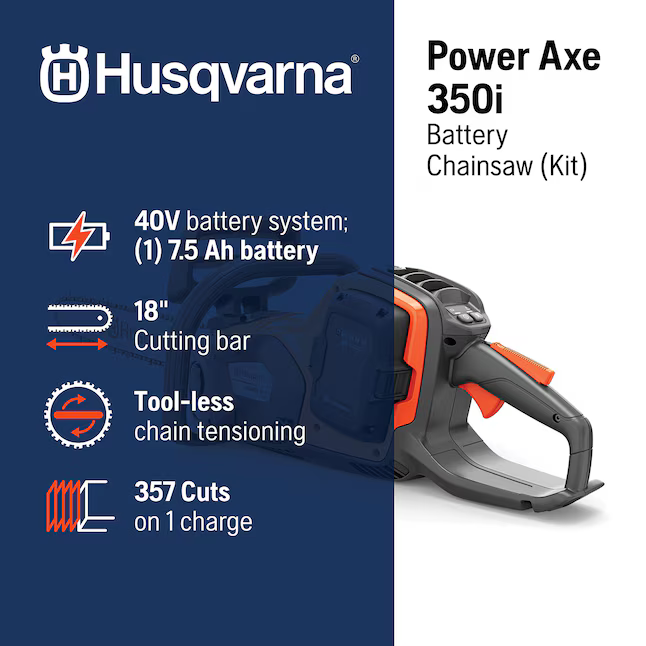 Husqvarna Power Axe 350i 40-volt 18-in Battery 7.5 Ah Chainsaw Battery + Charger Included, 970601202 #5203575  *JR2512, Retail: $479.99, FINAL PRICE: $349.99 + TAX