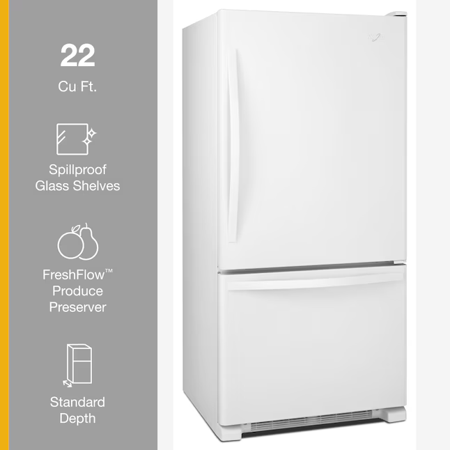Whirlpool 22.07-cu ft Standard-Depth Bottom-Freezer Refrigerator with Ice Maker (White), WRB322DMBW/05 *JR2509, Retail: $1,999.00, FINAL PRICE: $999.99 + TAX