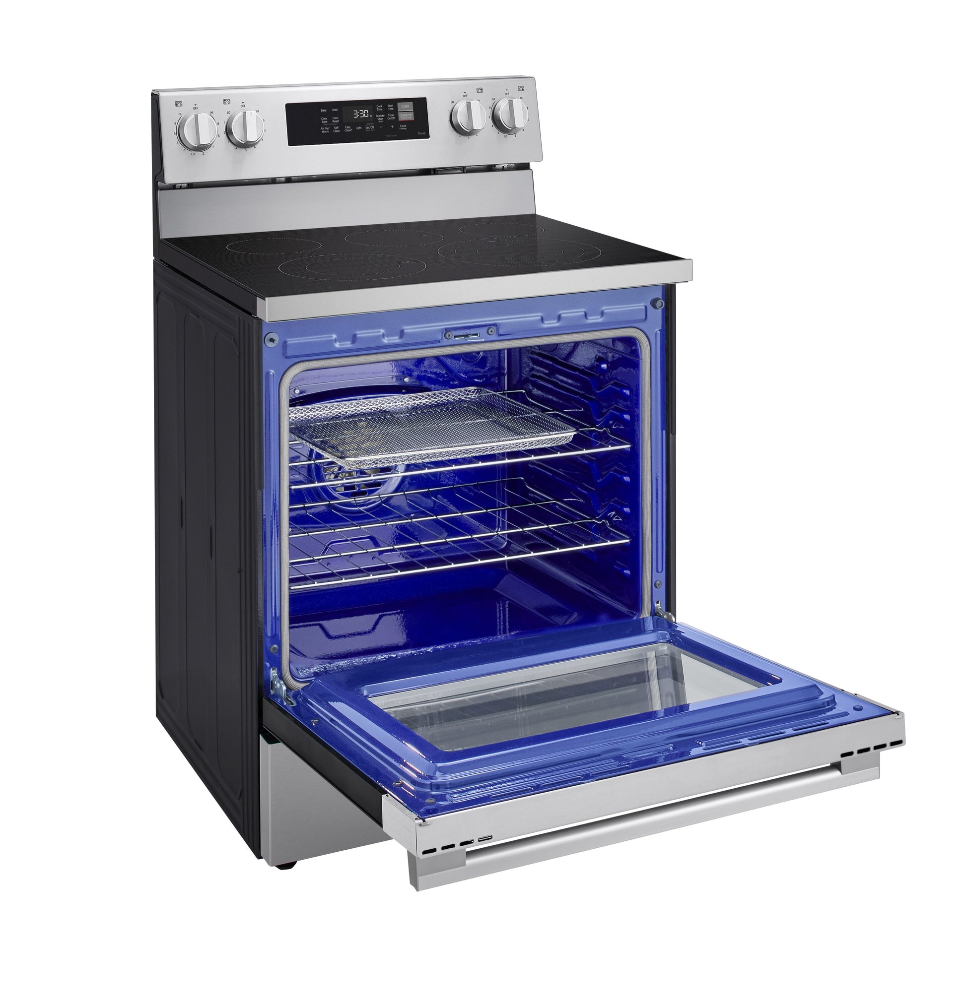 LG 30-in Glass Top 5 burners 6.3-cu ft Air Fry Convection Oven Freestanding Electric Range with WipeClean Coating ( Stainless Steel )