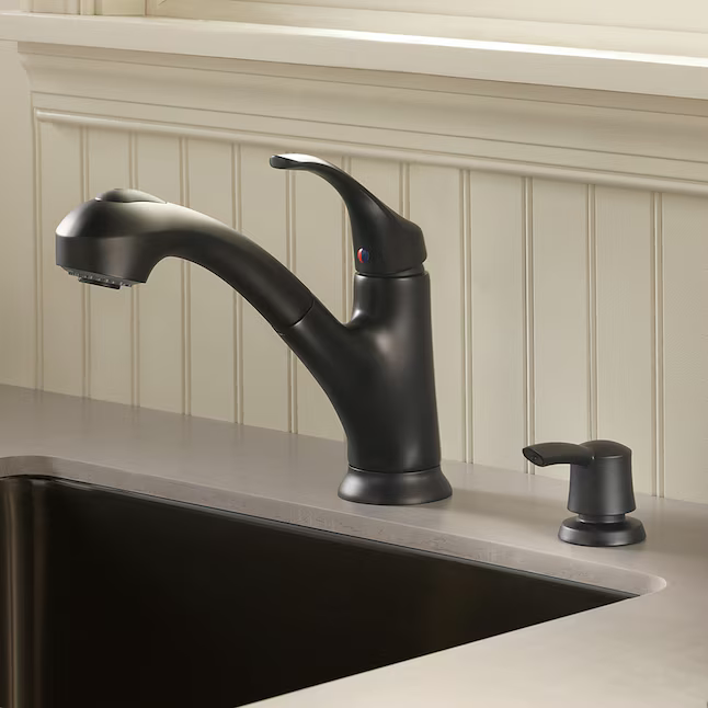 Pfister Shelton Matte Black Double Handle Deck-Mount Kitchen Faucet (Includes Deck Plate) (Includes Soap Dispenser), F-WKP-701B *JR2510, Retail: $129.00, FINAL PRICE: $77.99 + TAX