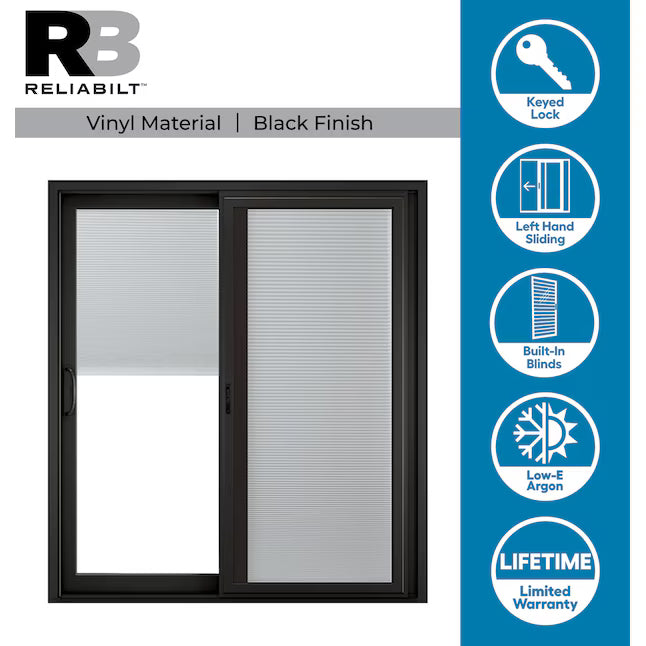 RELIABILT 70-in x 80-in x 4-9/16-in Jamb Black Vinyl Left-hand Sliding Patio Door with Low-E argon Glass with Blinds Item, 719801246431312DR, FINAL PRICE: $899.99