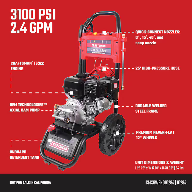CRAFTSMAN (49-State) 3100-PSI 2.4-GPM Cold Water Gas Pressure Washer with 4 Spray Tips, CMXGWFN061294 *JR2508, Retail: $359.00, FINAL PRICE: $199.99 + TAX