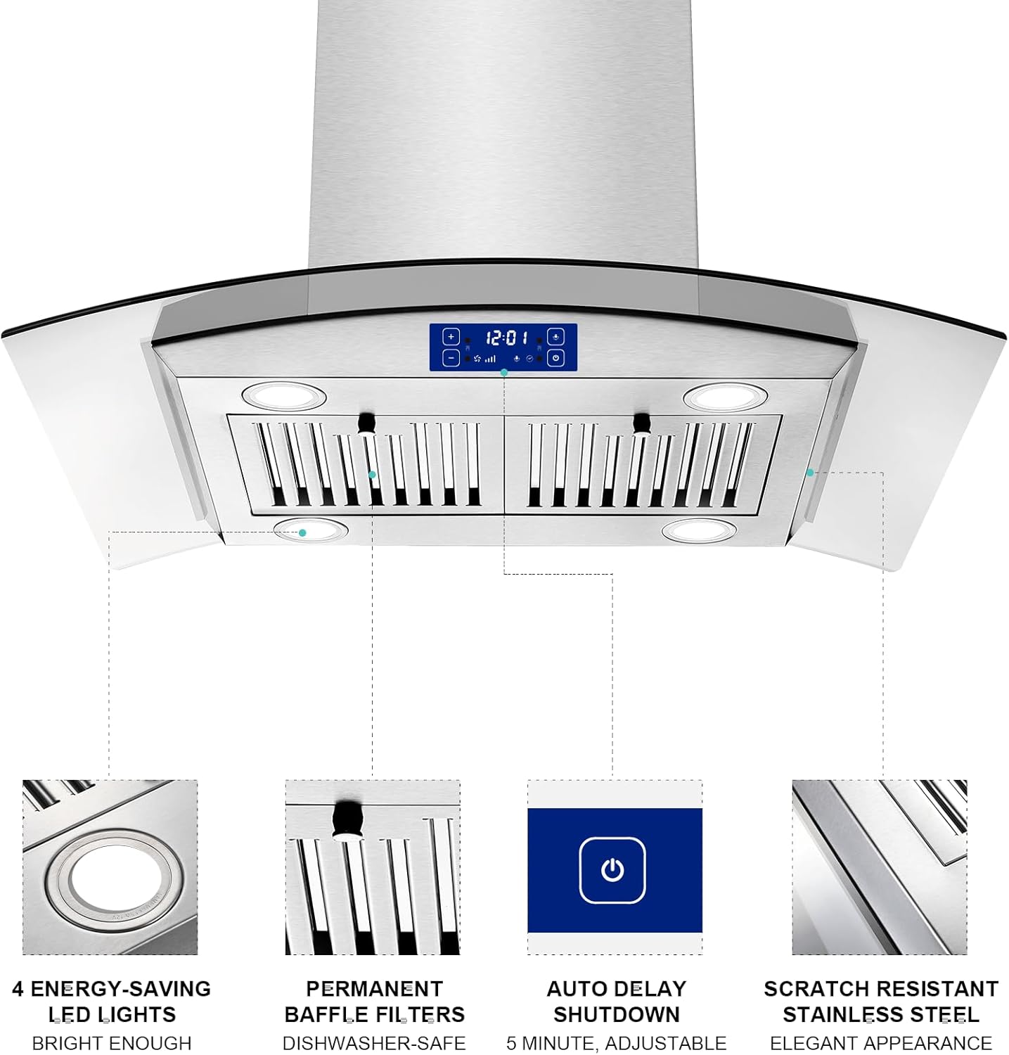 JOEAONZ Island Range Hood 30-in 700 CFM Gesture & Touch Control Ceiling Mount Stainless Steel Kitchen Vent Hood Convertible 3-speed Ventilation Fan, YY0275B-S Ti0275 *JR2510, Retail: $336.96, FINAL PRICE: $199.99 + TAX