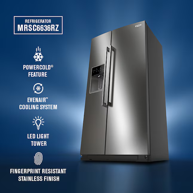Maytag 20.85-cu ft Counter-Depth 36-in Side-by-Side Refrigerator with Ice Maker + Water and Ice Dispenser (Fingerprint Resistant Stainless Finish), MRSC6636RZ *JR2511, Retail: $2,399.00, FINAL PRICE: $1,199.99 + TAX