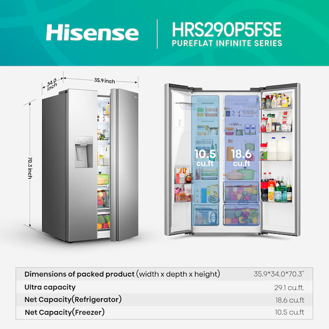 Hisense 29.1-cu ft Standard-Depth 36-in Side-by-Side Refrigerator with Ice Maker + Water and Ice Dispenser (Stainless Steel), HRS290P5FSE *JR2512, Retail: $1,699.00, FINAL PRICE: $699.99 + TAX