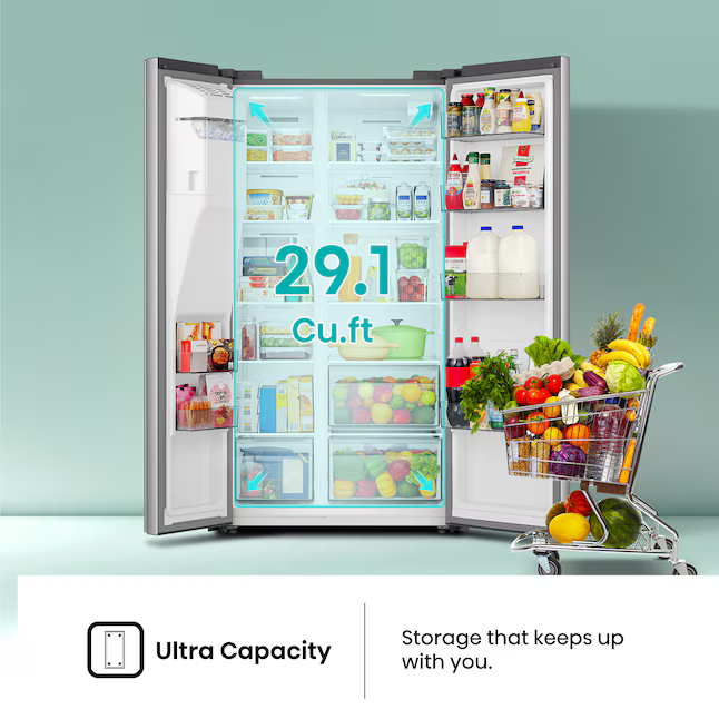 Hisense 29.1-cu ft Standard-Depth 36-in Side-by-Side Refrigerator with Ice Maker + Water and Ice Dispenser (Stainless Steel), HRS290P5FSE *JR2512, Retail: $1,699.00, FINAL PRICE: $699.99 + TAX