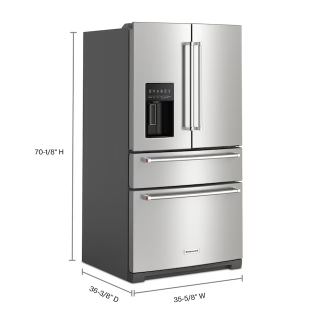 KitchenAid Standard-Depth 26.2-cu ft 4-Door French Door Refrigerator with Ice Maker with Water and Ice Dispenser (PrintShield Stainless), KRMF536RPS/00 *JR2508, Retail: $3,999.00, FINAL PRICE: $2,399.99 + TAX