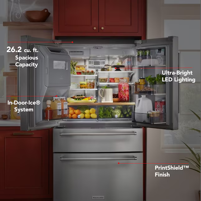 KitchenAid Standard-Depth 26.2-cu ft 4-Door French Door Refrigerator with Ice Maker with Water and Ice Dispenser (PrintShield Stainless), KRMF536RPS/00 *JR2508, Retail: $3,999.00, FINAL PRICE: $2,399.99 + TAX