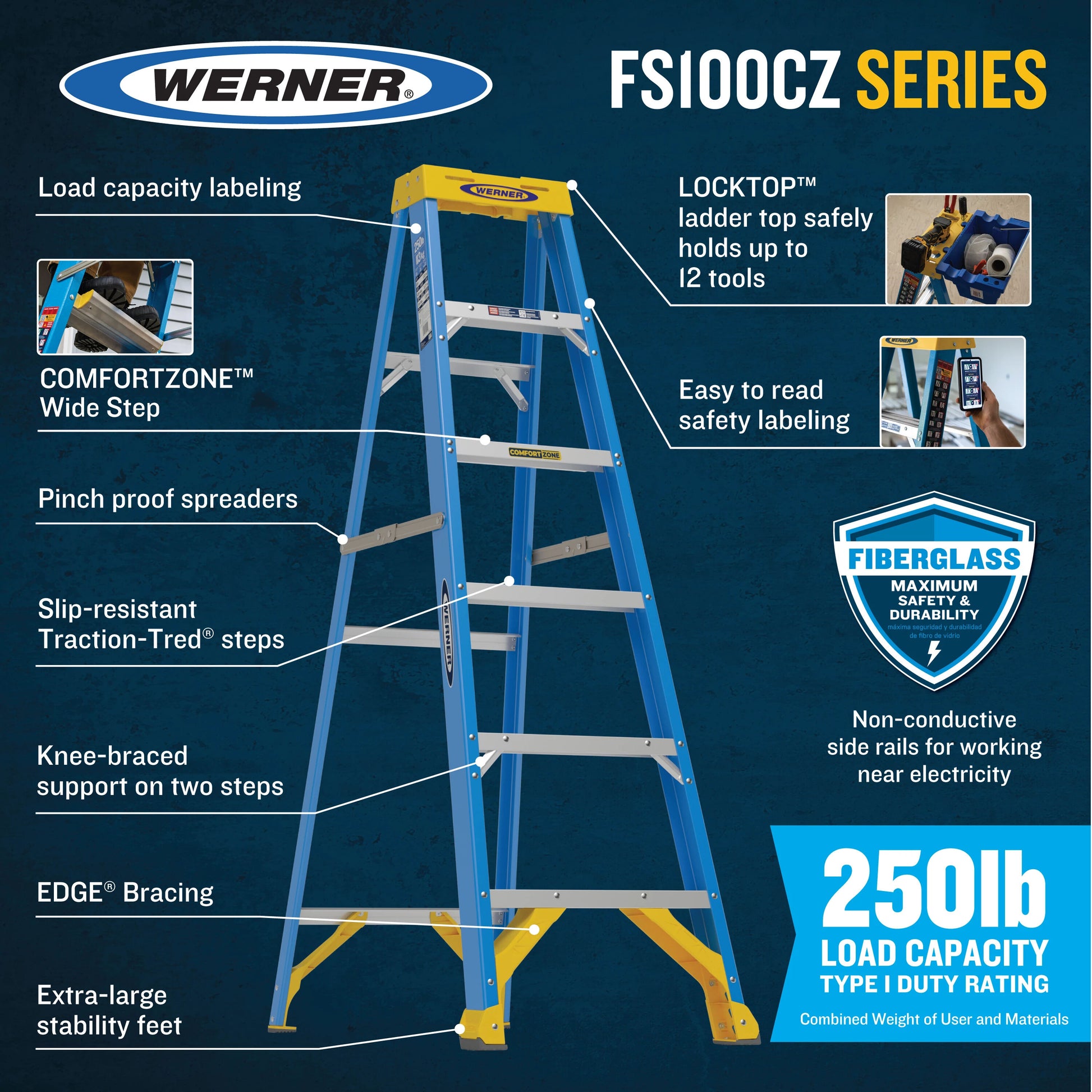 Werner FS100CZ 6-ft ( 10-ft Reach Height ) Fiberglass Type 1 - 250 lbs. Load Capacity Step ladder, FS106CZ