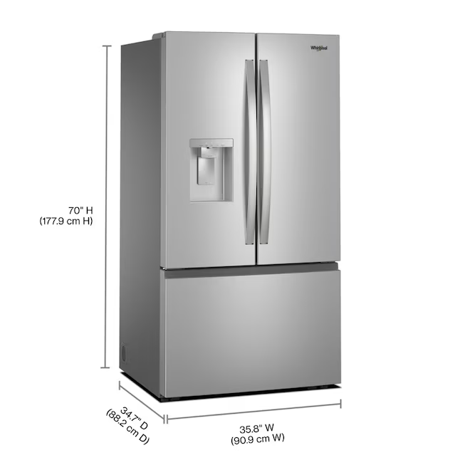 Whirlpool Standard-Depth 29.58-cu ft 3-Door French Door Refrigerator with Ice Maker with Water and Ice Dispenser (Fingerprint Resistant Stainless Finish), WRFF3536SZ/00 *JR2508, Retail: $2,999.00, FINAL PRICE: $1,499.99 + TAX