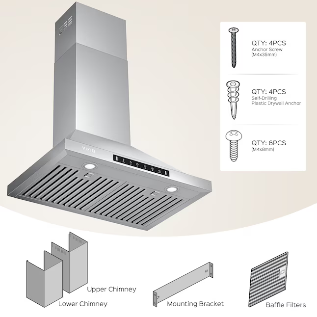 VIKIO 30-in Ducted 900-CFM Recirculating Stainless Steel Wall-Mounted Range Hood with Charcoal Filter, KB-30-F82  RP30-30  VKHRP3030SI P0230 *JR2508, Retail: $486.99, FINAL PRICE: $269.99 + TAX
