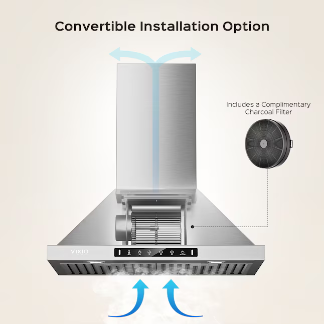 VIKIO 30-in Ducted 900-CFM Recirculating Stainless Steel Wall-Mounted Range Hood with Charcoal Filter, KB-30-F82  RP30-30  VKHRP3030SI P0230 *JR2508, Retail: $486.99, FINAL PRICE: $269.99 + TAX